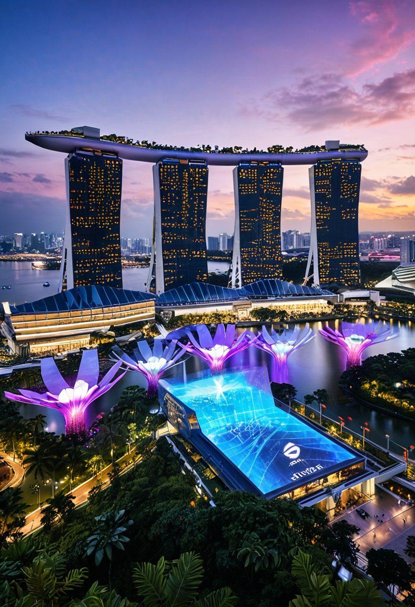 An urban skyline of Singapore with Sato's logo prominently displayed on one of the skyscrapers, surrounded by digital elements like holographic web pages and code snippets. The city background features iconic landmarks such as Marina Bay Sands and Gardens by the Bay. Vibrant colors, futuristic, super-realistic, daytime.