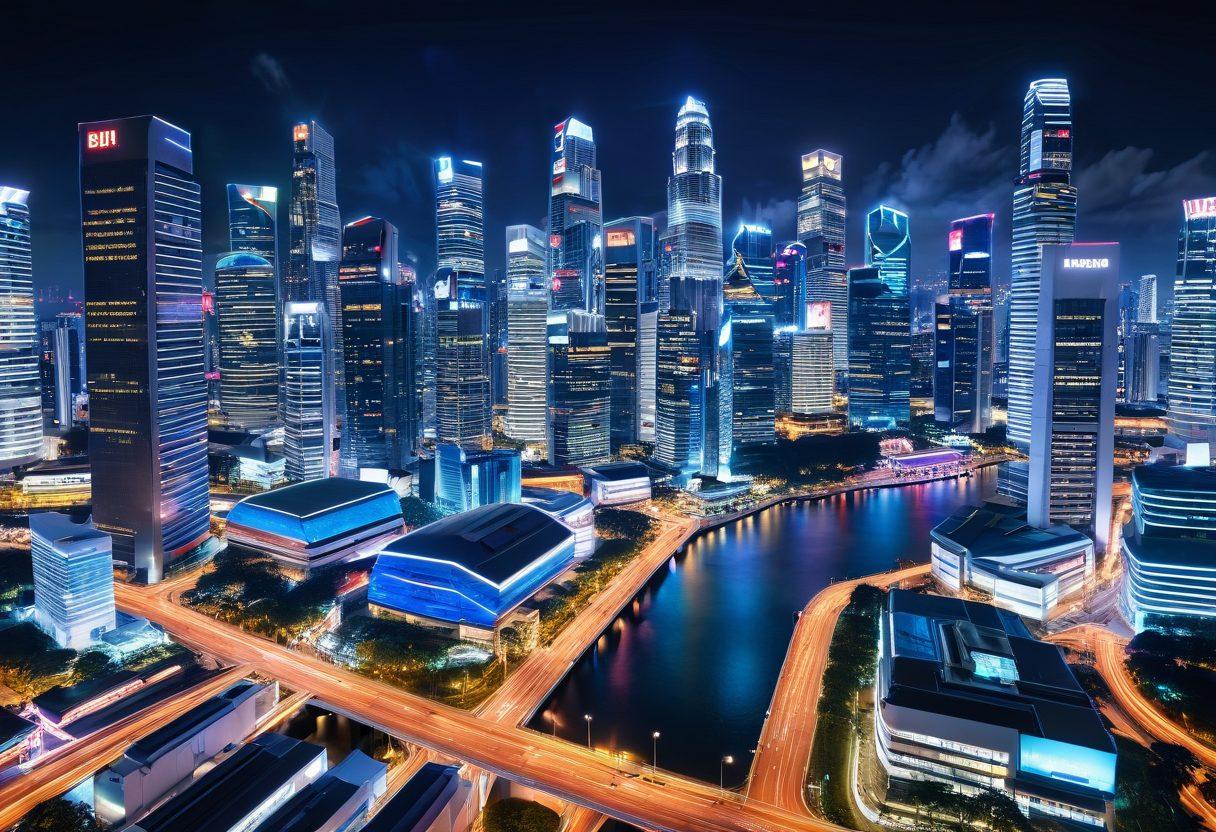 A bustling cityscape of Singapore at dusk with iconic landmarks subtly integrated into a high-tech digital matrix, showcasing modern web development interfaces and codes flowing through the streets. Neon signs of coding languages sparkle like city lights, emphasizing innovation and technology. 3D style. vibrant colors.
