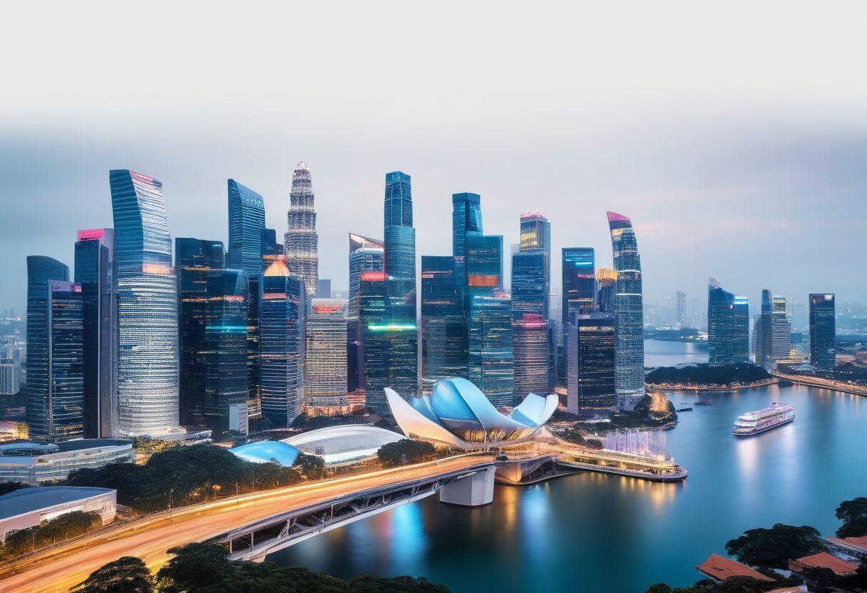 A futuristic skyline of Singapore with iconic landmarks blended seamlessly with advanced digital elements like holographic billboards, autonomous drones, and high-tech urban infrastructure. Highlight local innovation through glimpses of smart devices and energetic tech teams collaborating. Scene exudes a blend of modernity, technology, and innovation. super-realistic. vibrant colors. white background.